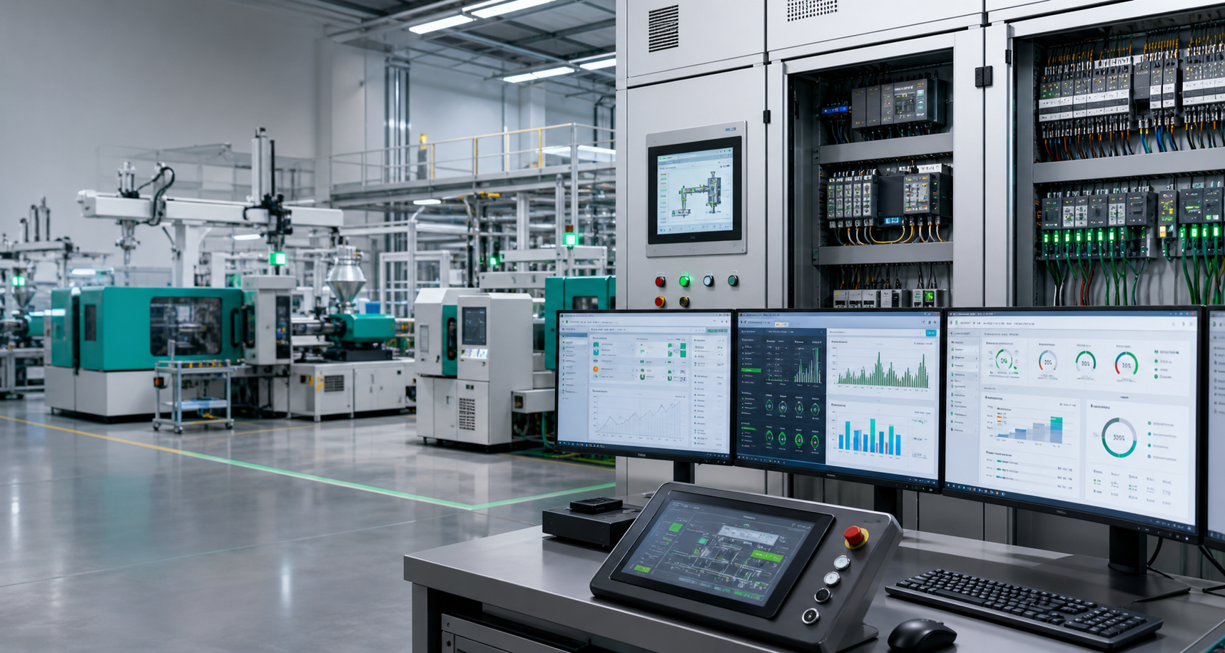 Moderne productieomgeving met machinebesturingen, dashboards en elektrische kasten